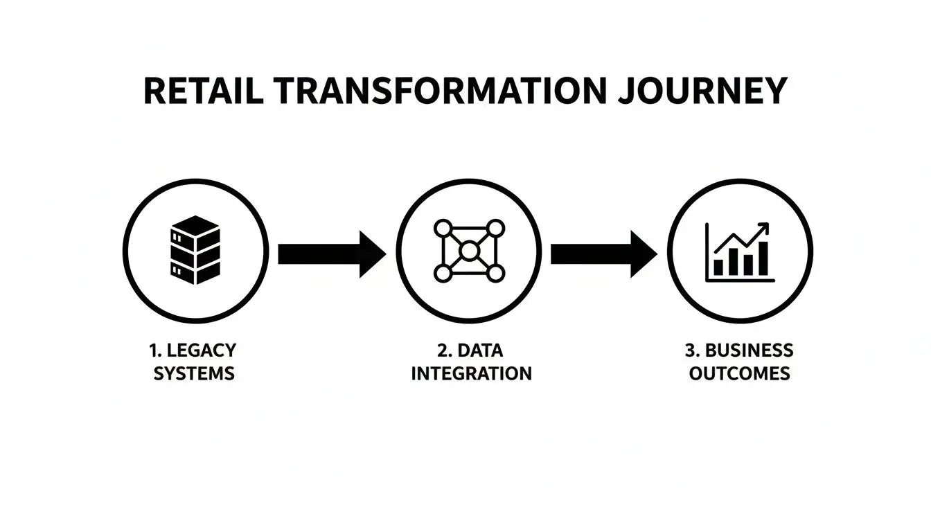 Diagramma che illustra il percorso di trasformazione retail dai sistemi legacy all'integrazione dei dati e ai risultati di business.