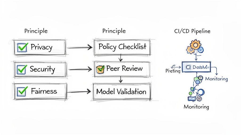 Diagram shows ethical AI principles (Privacy, Security, Fairness) feeding into a CI/CD pipeline with validation and monitoring.