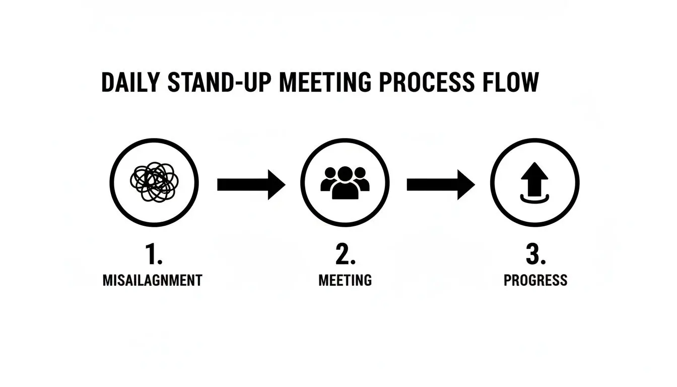 Diagramma che illustra il flusso di un processo di daily stand-up meeting, dal disallineamento al progresso.