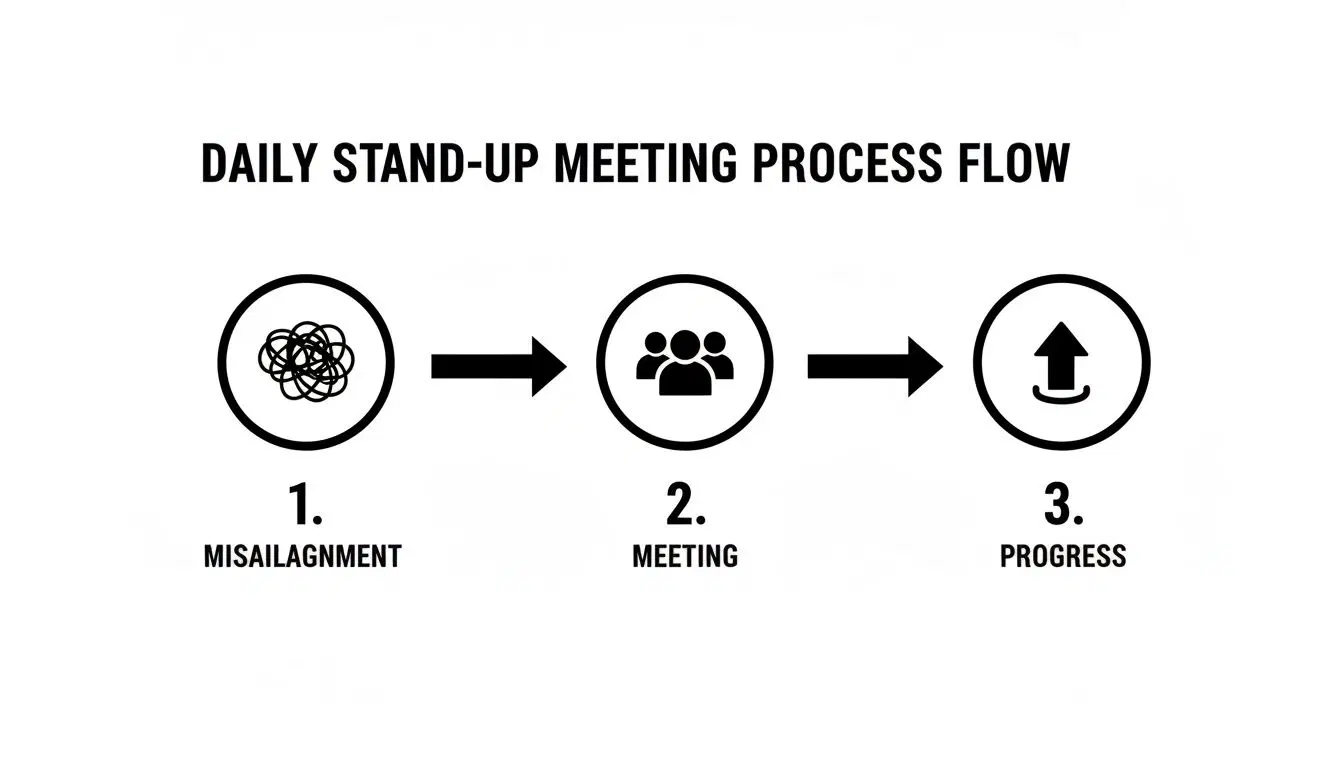 Diagramma che illustra il flusso di un processo di daily stand-up meeting, dal disallineamento al progresso.
