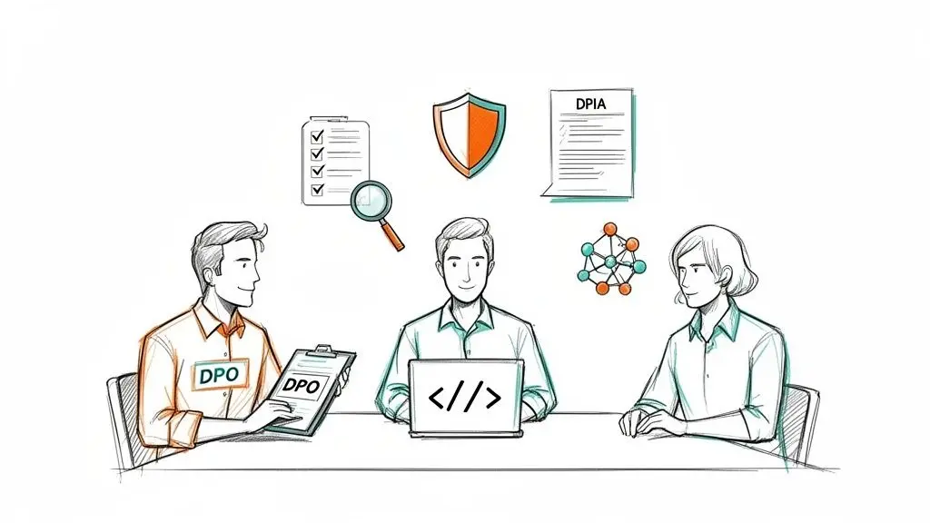 Tre professionisti, incluso un Data Protection Officer, discutono di privacy dei dati, sicurezza e codice con icone pertinenti.
