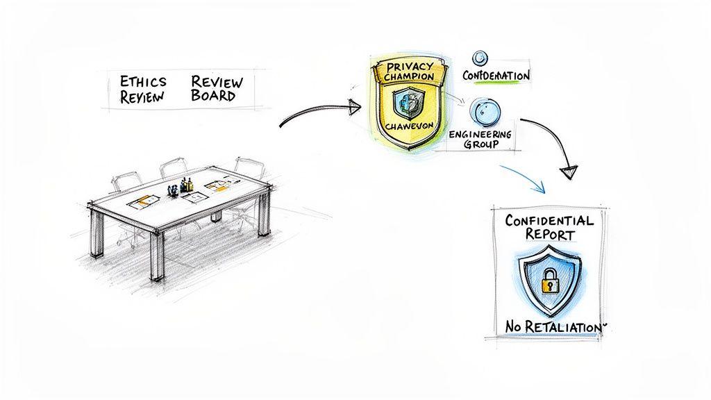Diagram illustrating an Ethics Review Board process leading to a confidential privacy report with no retaliation.