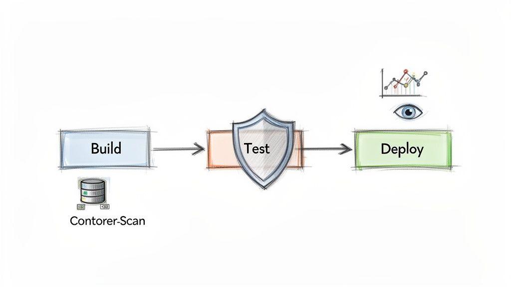 A hand-drawn diagram illustrating a software CI/CD pipeline with Build, Test, and Deploy stages, including Contorer-Scan and monitoring.