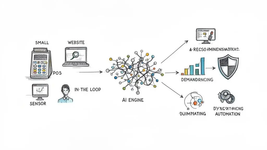 Diagramma che illustra input di dati retail che confluiscono in un motore AI per raccomandazioni, previsione della domanda e automazione dei prezzi dinamici.