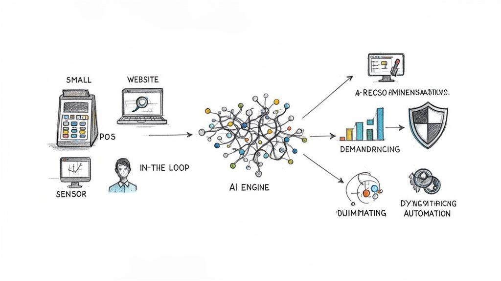 Diagram illustrating retail data inputs feeding into an AI engine for recommendations, demand forecasting, and dynamic pricing automation.