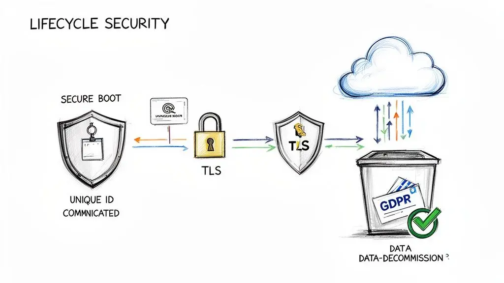 Diagramma che illustra la sicurezza del ciclo di vita, dal secure boot e dalla comunicazione con ID univoco tramite TLS ai dati cloud e alla dismissione dei dati conforme al GDPR.