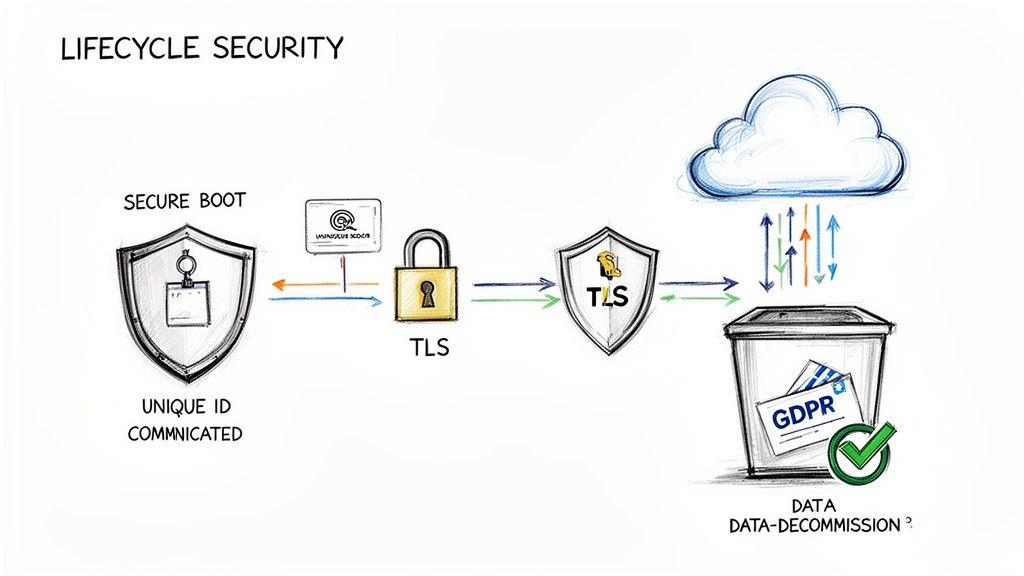 Diagram illustrating lifecycle security, from secure boot and unique ID communication via TLS to cloud data and GDPR-compliant data decommissioning.
