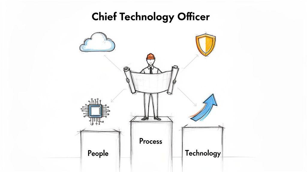 Illustration of a Chief Technology Officer managing People, Process, and Technology with cloud, security, and growth.