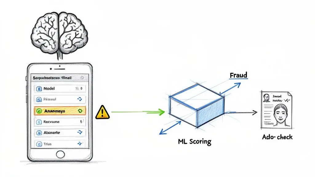 Diagram showing a mobile app process from brain-inspired model to ML scoring for fraud detection.