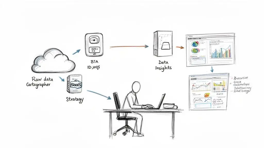 Uno schizzo che illustra un flusso di lavoro dei dati di business intelligence, dai dati grezzi agli insight e all'interazione con l'utente.
