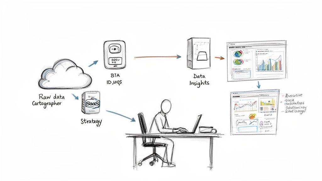 A sketch illustrating a business intelligence data workflow from raw data to insights and user interaction.