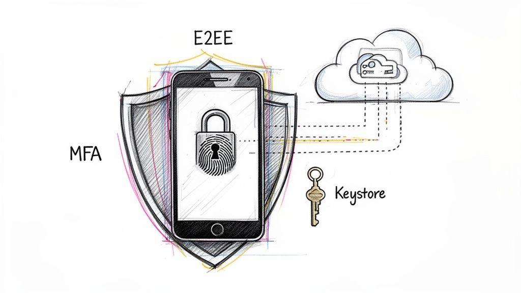 Illustration of a secure mobile phone with MFA, E2EE, and a keystore protecting data.