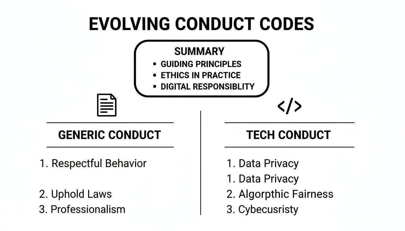 Diagram illustrating evolving conduct codes, divided into generic and tech-specific guidelines.