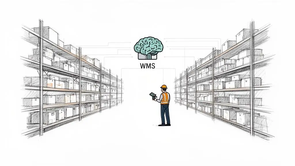 Un addetto al magazzino utilizza un dispositivo portatile, integrato con un WMS, per gestire l'inventario sugli scaffali.