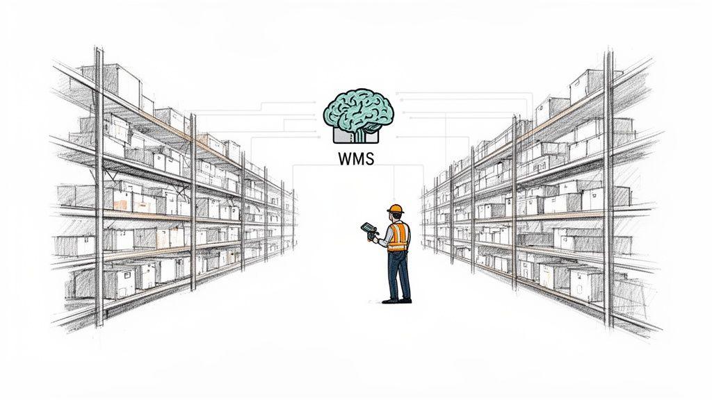 Un operatore di magazzino usa un dispositivo portatile, integrato con un WMS, per gestire l'inventario sugli scaffali.