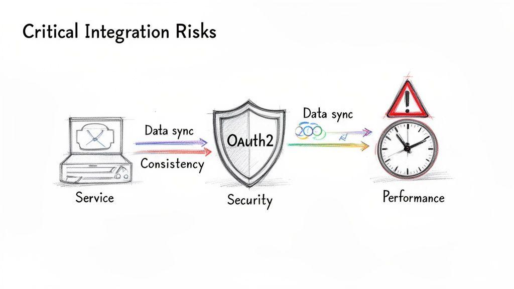 Diagram illustrating critical integration risks, showing data synchronization and consistency from Service to OAuth2 Security to Performance.