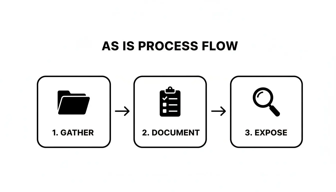 Un semplice diagramma in bianco e nero illustra un 'FLUSSO DI PROCESSO AS IS' con tre passaggi: Raccogli, Documenta, Metti in evidenza.