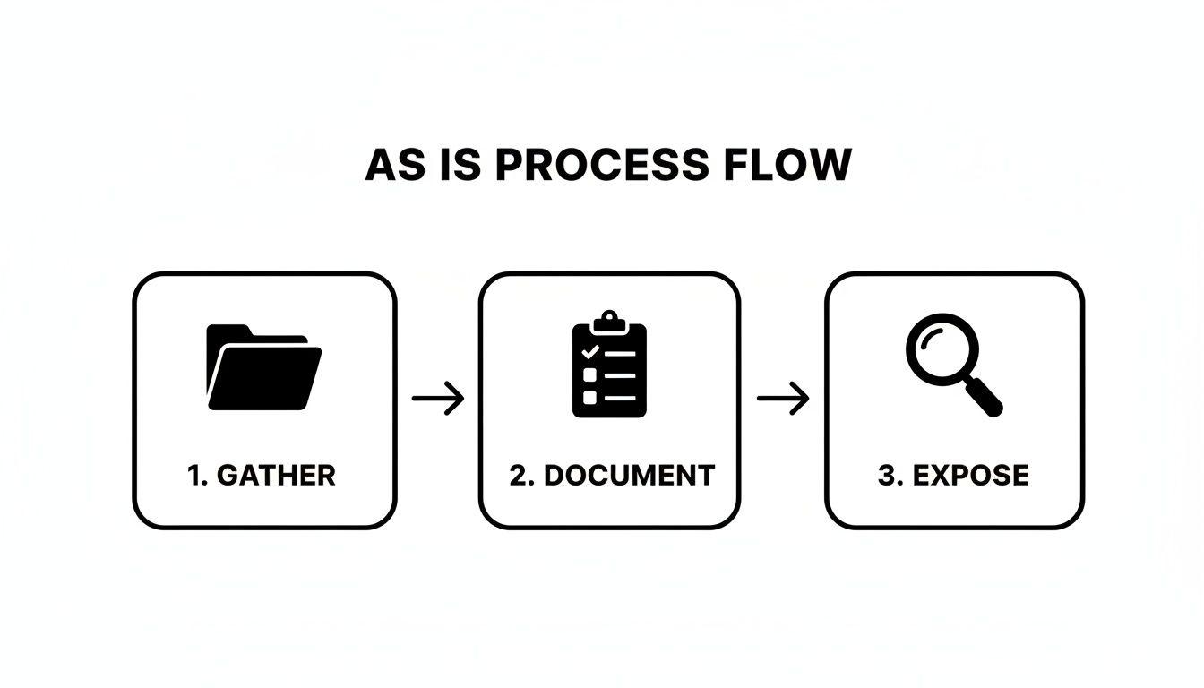Un semplice diagramma in bianco e nero illustra un 'FLUSSO DI PROCESSO AS IS' con tre passaggi: Raccogli, Documenta, Metti in evidenza.