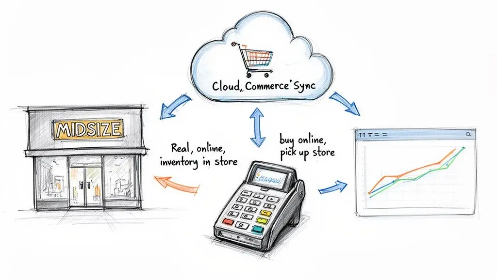 Diagramma di flusso che spiega la trasformazione del retail digitale con sincronizzazione cloud, inventario in negozio, POS e analisi.