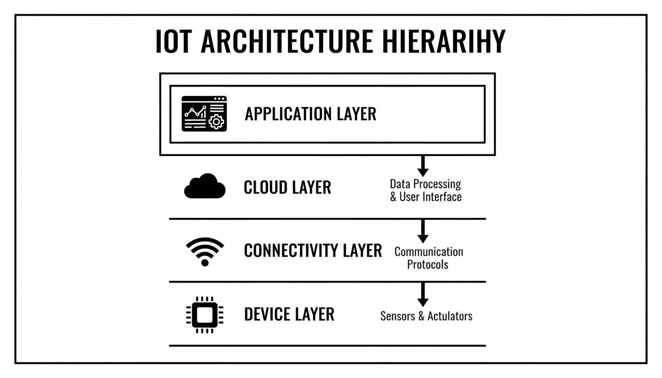 Diagramma gerarchico di un'architettura IoT che illustra quattro livelli chiave: Applicazione, Cloud, Connettività e Dispositivo.