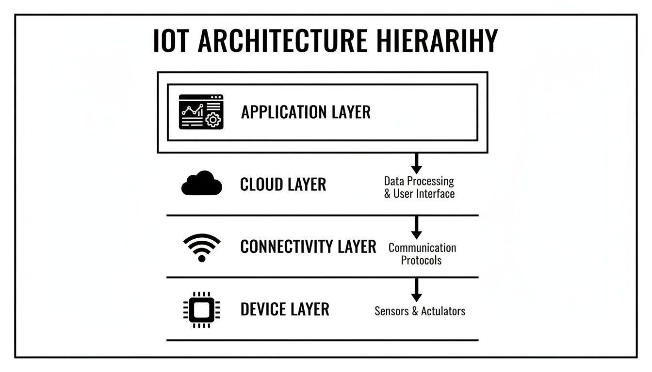 An IoT architecture hierarchy diagram illustrating four key layers: Application, Cloud,Connectivity, and Device.