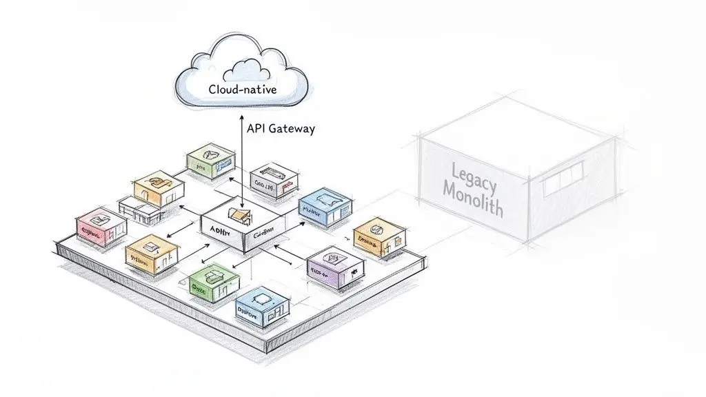 Uno schizzo che mostra un'architettura cloud-native a microservizi con un API Gateway che si connette al cloud, accanto a un monolite legacy.