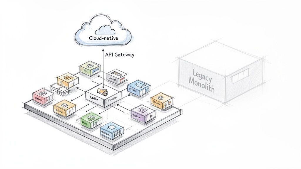 A sketch showing a cloud-native microservices architecture with an API Gateway connecting to a cloud, next to a legacy monolith.