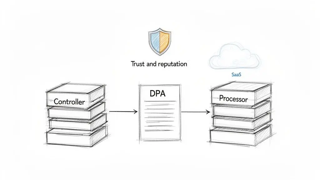Diagramma che illustra la relazione in un DPA tra un Titolare del trattamento (la tua azienda) e un Responsabile del trattamento (il tuo fornitore), enfatizzando la fiducia richiesta negli ecosistemi SaaS moderni.