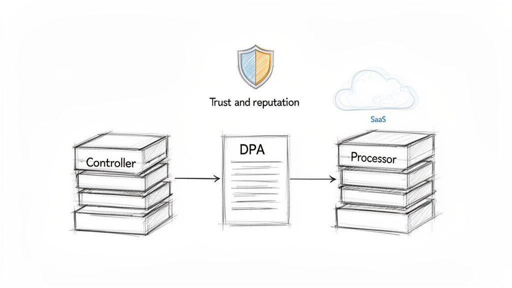 Diagram illustrating the relationship in a DPA between a data Controller (your company) and a data Processor (your vendor), emphasizing the trust required in modern SaaS ecosystems.