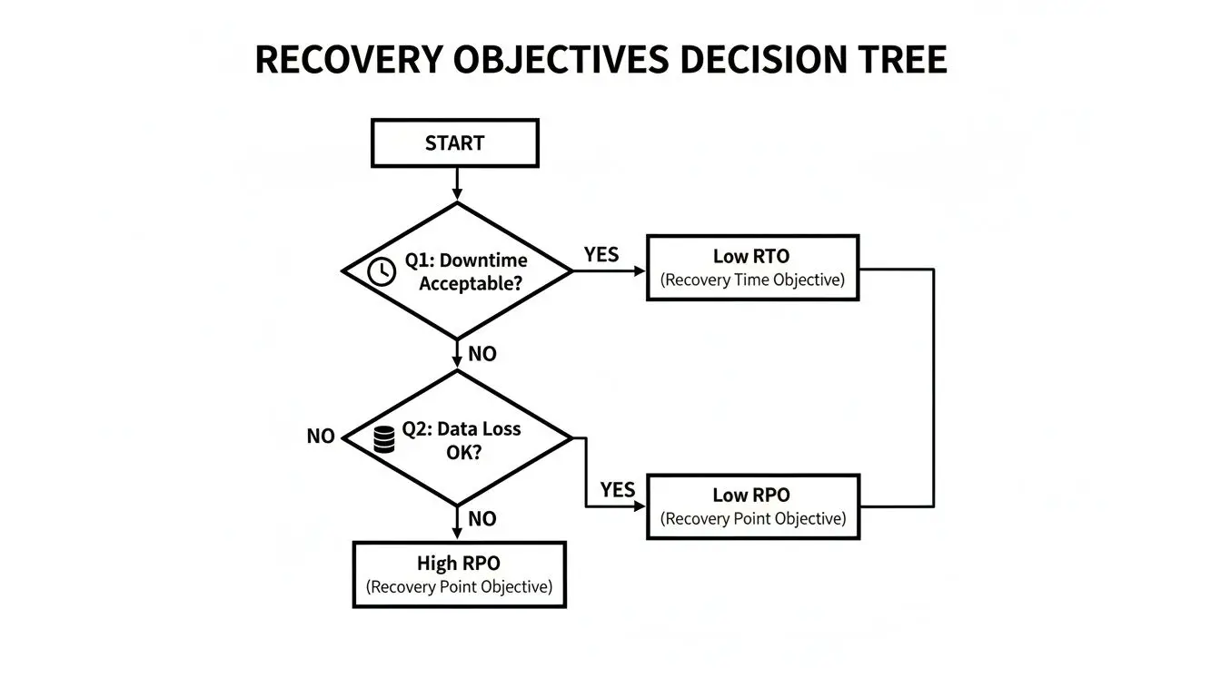 Un diagramma ad albero decisionale degli obiettivi di recupero per determinare le strategie appropriate di RTO e RPO.