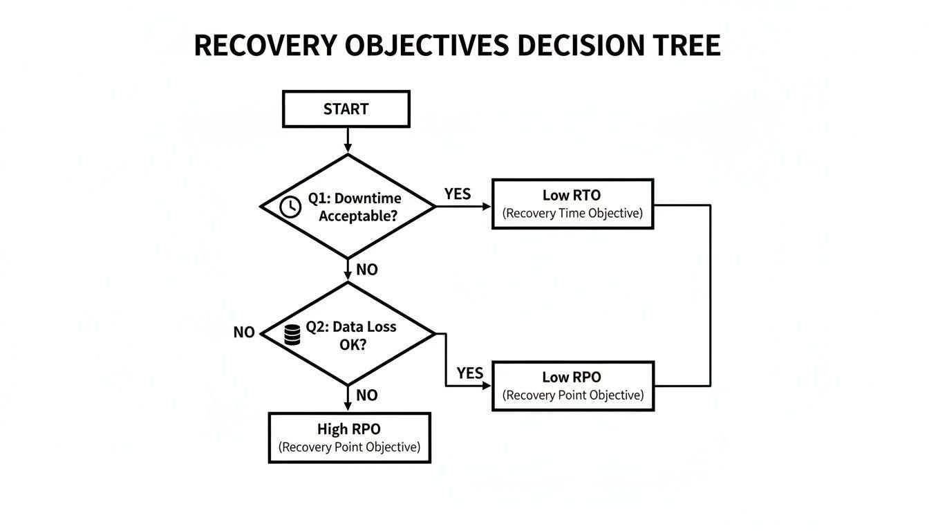 Un diagramma ad albero decisionale sugli obiettivi di recupero per determinare le strategie RTO e RPO appropriate.