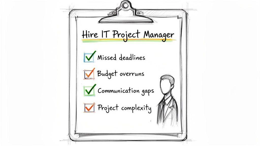Sketch of a clipboard with a checklist for hiring an IT Project Manager to solve project issues.