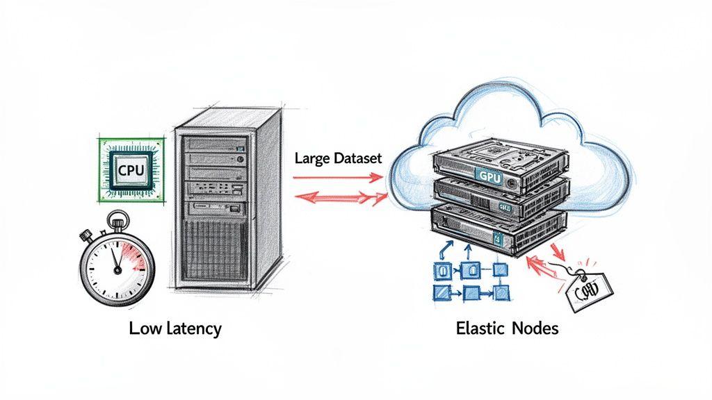 Diagram illustrating the transfer of a large dataset between an on-premise server and elastic cloud GPU nodes.