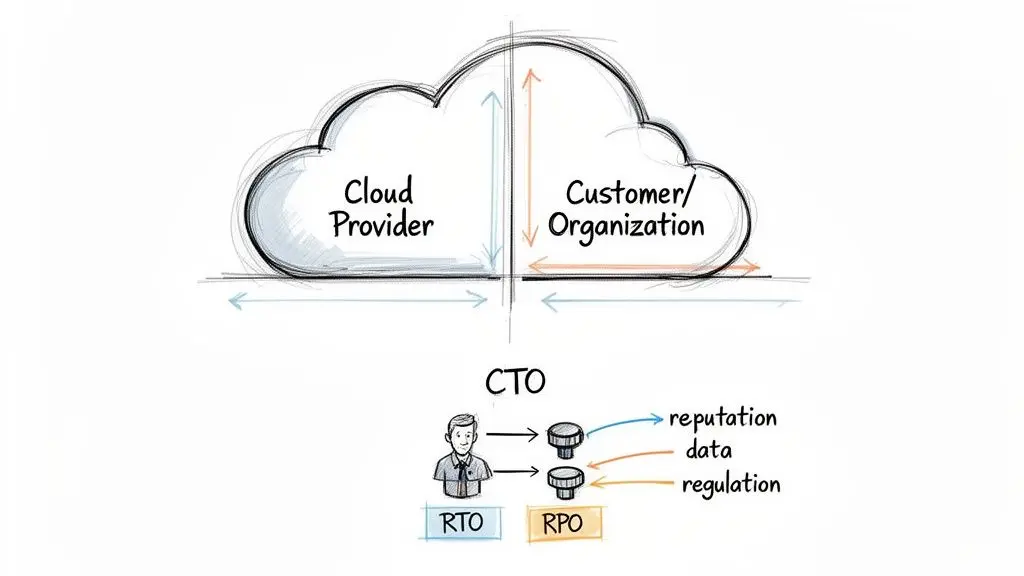 Diagramma che illustra le responsabilità condivise tra provider cloud e cliente, con CTO, RTO e RPO per il recupero dei dati.