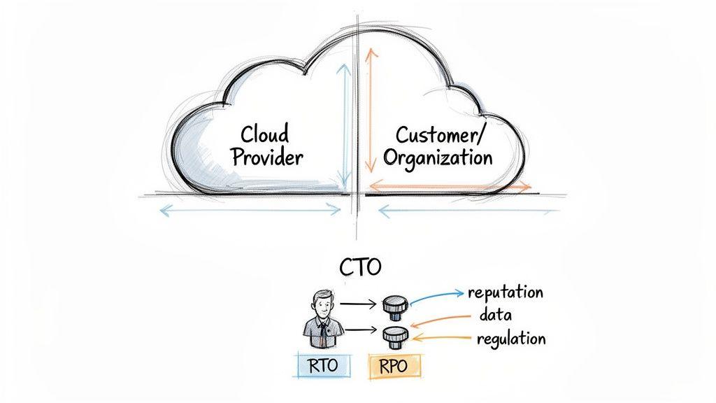 Diagram illustrating cloud provider and customer shared responsibilities, with CTO, RTO, and RPO for data recovery.
