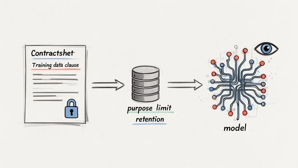 Illustrazione del trattamento dei dati: dai contratti e dall’archiviazione sicura con limiti di finalità a un modello AI.