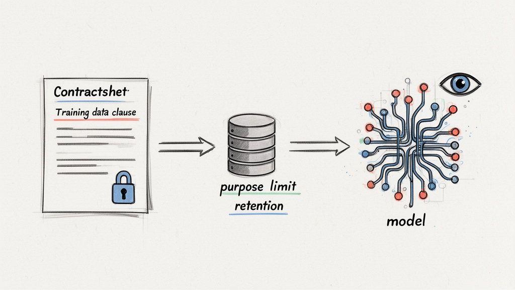 Illustration of data processing: from contracts and secure storage with purpose limits to an AI model.