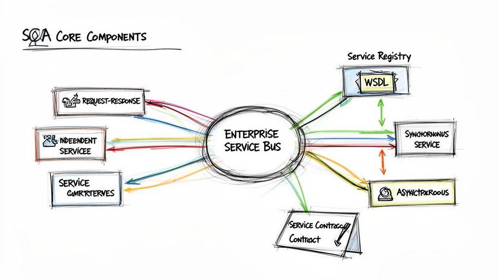 Diagram of SOA core components centered around an Enterprise Service Bus, showing various connected services.