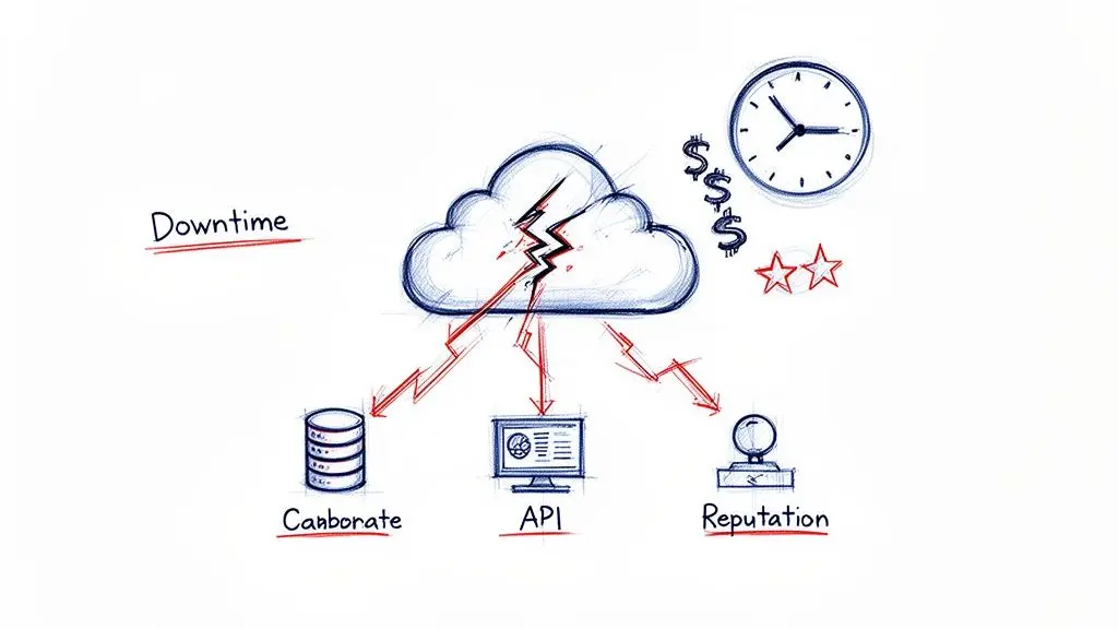 Illustrazione che mostra come il downtime cloud porti a perdita monetaria, perdita di tempo e impatto negativo su database, API e reputazione.