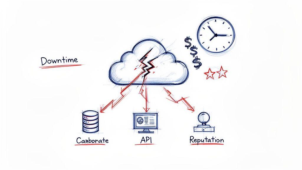 Illustration showing cloud downtime leading to monetary loss, time loss, and negative impact on database, API, and reputation.