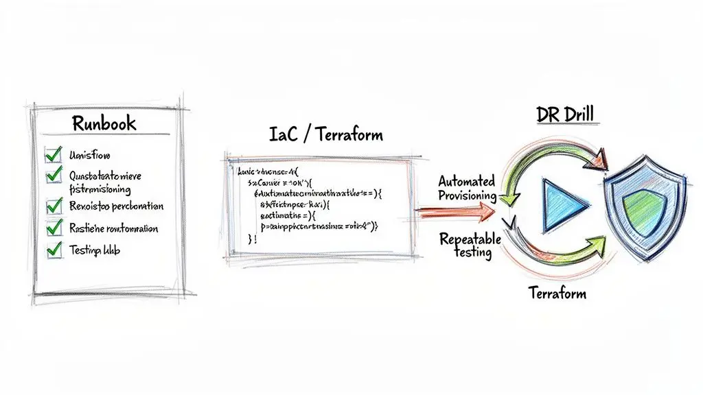 Diagramma che mostra runbook automatizzati con Infrastructure as Code per esercitazioni ripetibili di ripristino di emergenza usando Terraform.