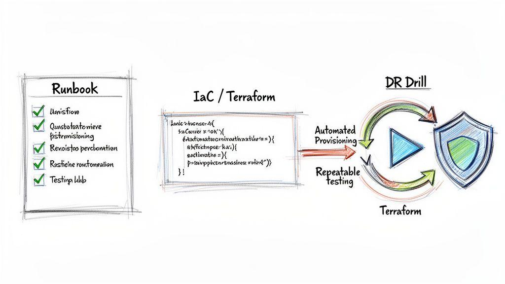 Diagram showing runbooks automated with Infrastructure as Code for repeatable disaster recovery drills using Terraform.