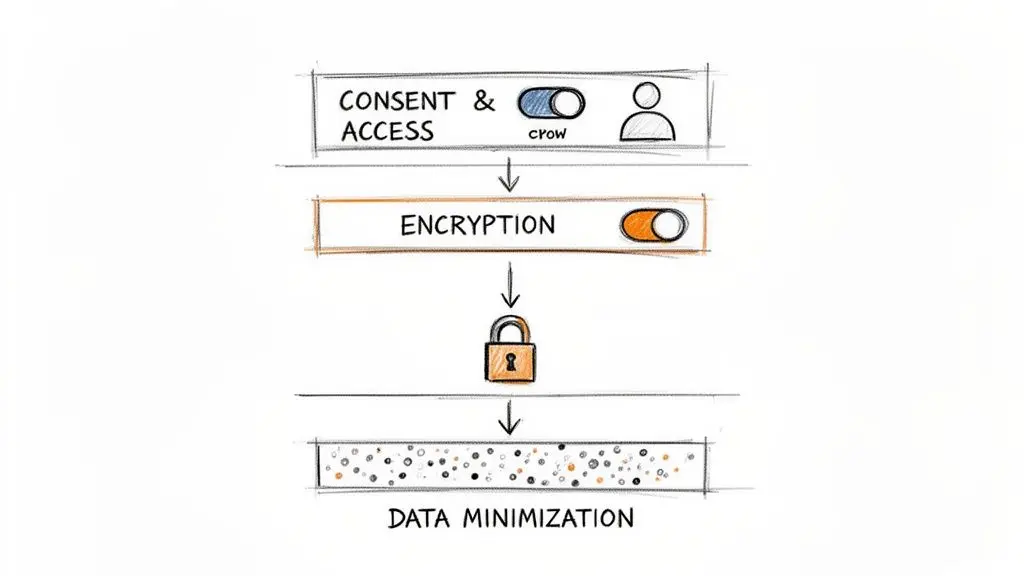 Un diagramma che illustra i principi della privacy by design: consenso, crittografia e passaggi di minimizzazione dei dati.