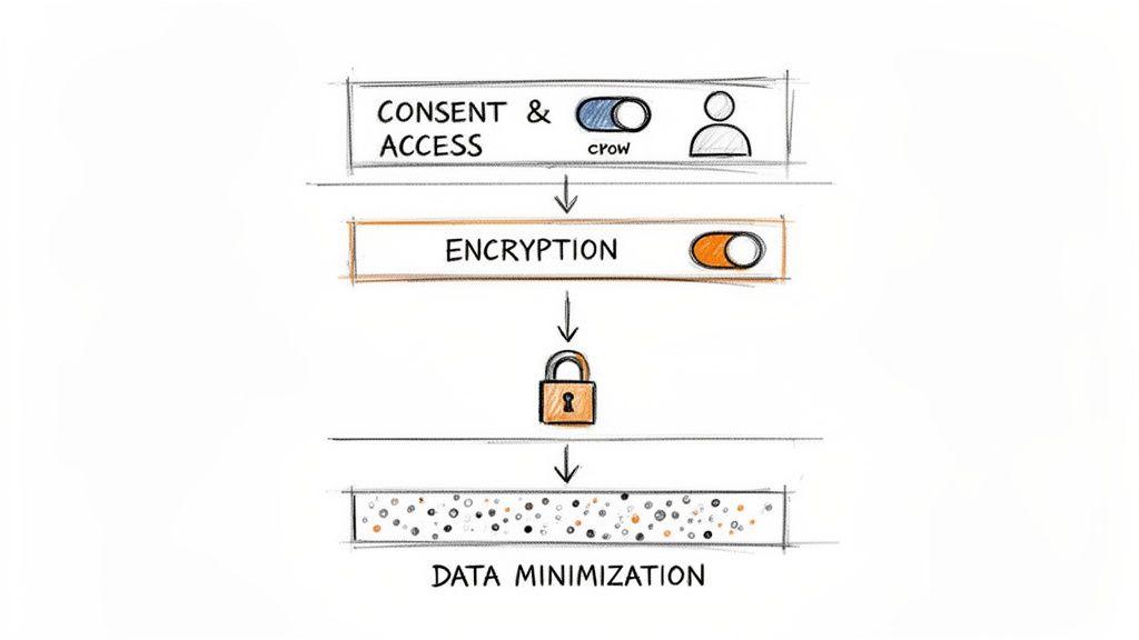 Un diagramma che illustra i principi della privacy by design: consenso, crittografia e passaggi di minimizzazione dei dati.