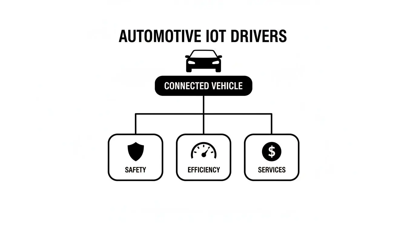 Uno schema che illustra i driver dell’IoT automotive: Veicolo Connesso porta a Sicurezza, Efficienza e Servizi.