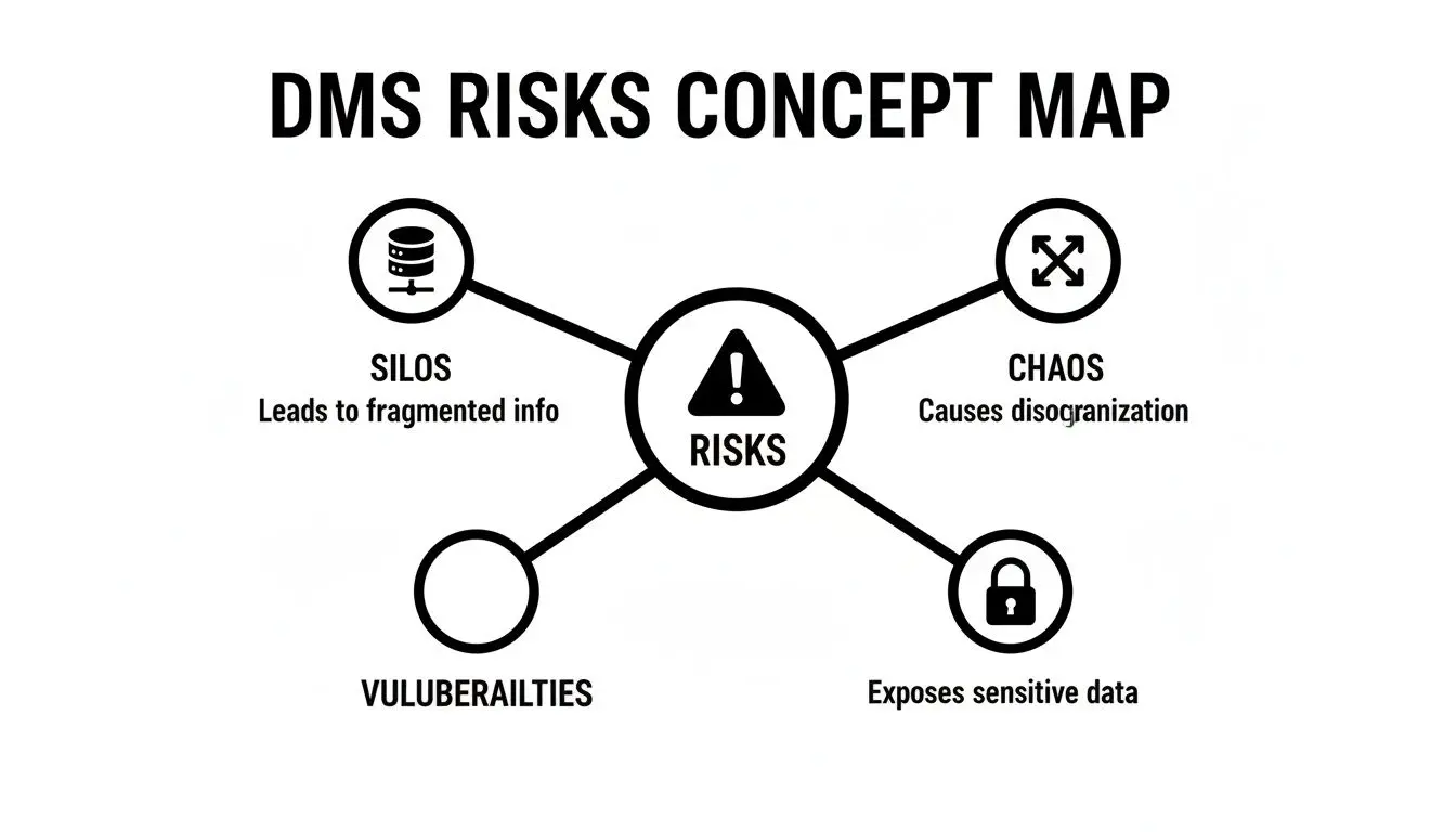 A concept map illustrating DMS risks including silos, chaos, vulnerabilities, and sensitive data exposure.