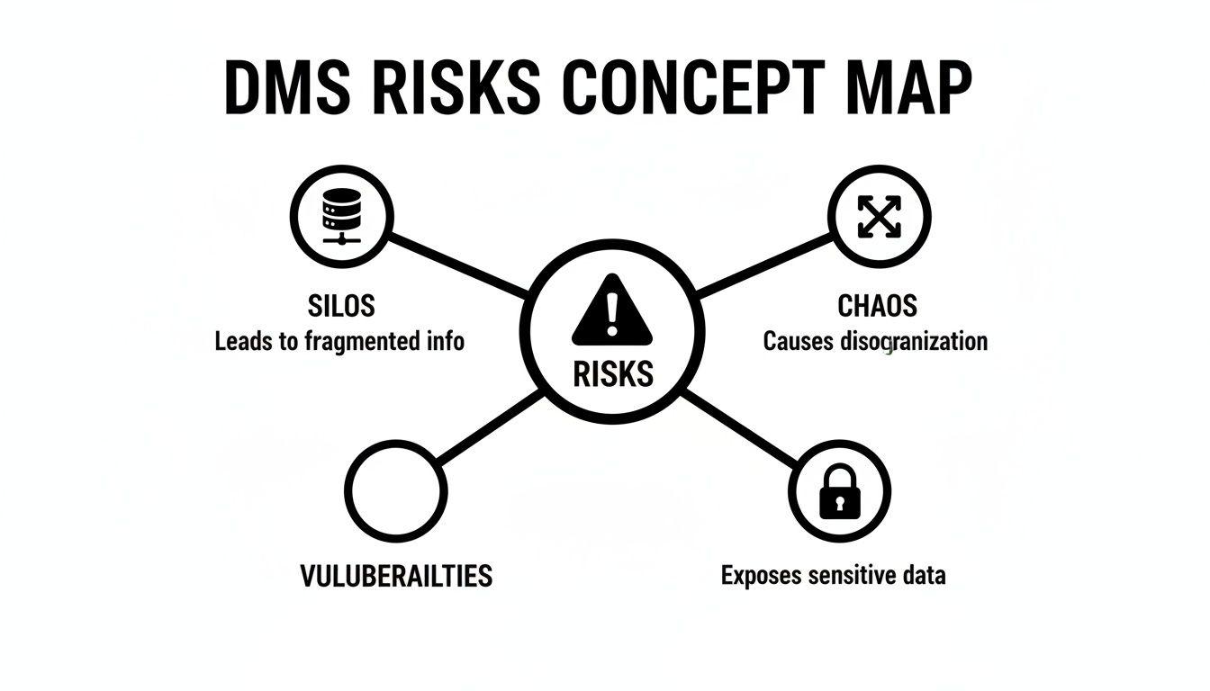 Una mappa concettuale che illustra i rischi del DMS, inclusi silos, caos, vulnerabilità ed esposizione di dati sensibili.