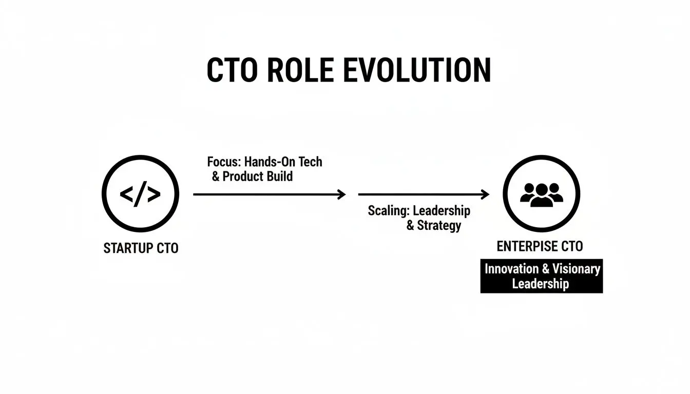 Diagramma che illustra l'evoluzione del ruolo di CTO dal lavoro pratico in startup alla leadership strategica in ambito enterprise.