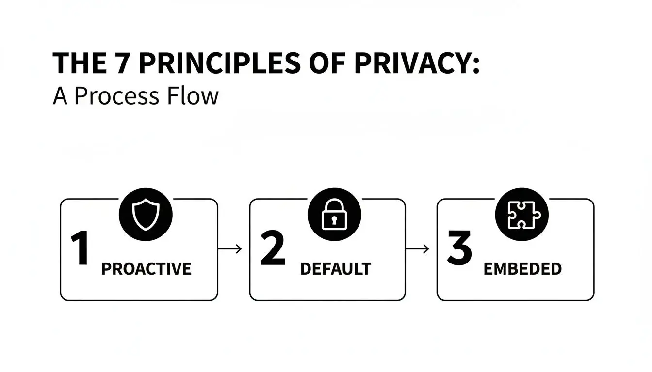 Un diagramma di flusso che illustra i primi tre dei sette principi della privacy: Proattivo, Predefinito e Integrato.