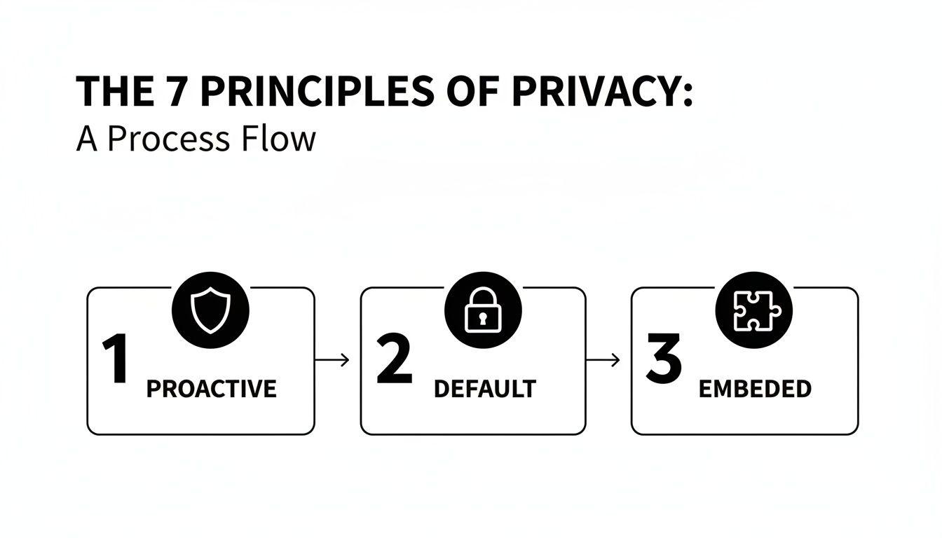 A flowchart illustrating the first three of the seven principles of privacy: Proactive, Default, and Embedded.